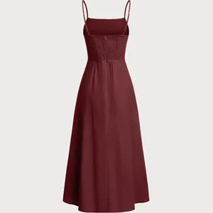 Rihoas Wine Red Square Neck Shirred Slip Midi Dress thumbnail 7