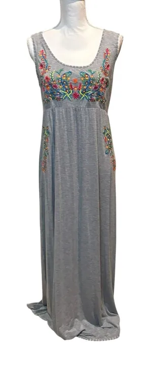 Chelsea & Theodore Maxi Dress M Gray Sleeveless‎ Embroidered Boho Floral thumbnail 1