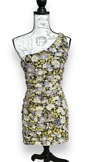 Zara Yellow Purple Floral One Shoulder Bodycon Medium NWT thumbnail 1