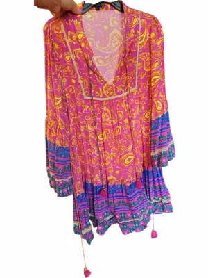Coco + Carmen Boho Paisley Tunic Dress Pink Blue Tassel Tie Size L/XL Hippie thumbnail 11