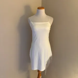 12th Tribe NWT White‎ Satin Asymmetrical Mini Dress Rhinestone Fringe Medium thumbnail 3