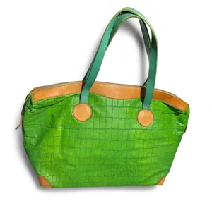 Green Croc-Embossed Tote with Tan Trim and Green Straps thumbnail 1