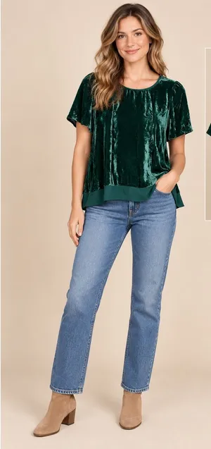 Maeve Anthropologie Forest Green Crushed Velvet Sheer Back Top Small thumbnail 1