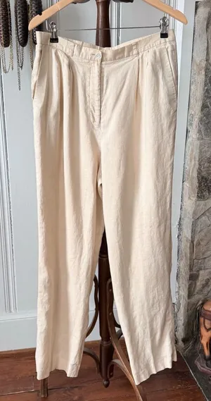 J. Crew Linen Cream High Waisted Straight Leg Trousers large thumbnail 1