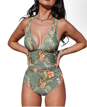 Cupshe Womens XL Tropical Floral Ruched V-Neck One Piece Swimsuit Green thumbnail 1