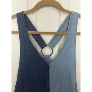 H&M Blue Patchwork Denim Overall Mini Dress 4 Pocket Mixed Media Distressed thumbnail 3
