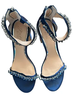 Jewel BADGLEY MISCHKA Embellished Navy Ankle-Strap Block Heel Sandal 7.5 thumbnail 2