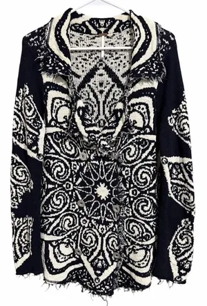 Free People Mandella‎ Intarsia Cardigan Knit Jacket Black/White Women's Size Lg thumbnail 1