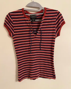Vintage Y2K Abercrombie & Fitch Lace-Up Striped Baby Tee Rare Medium red blue‎ thumbnail 1