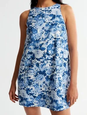 Abercrombie & Fitch High Neck Linen Blend Mini Dress Blue‎ White Floral XXS thumbnail 1