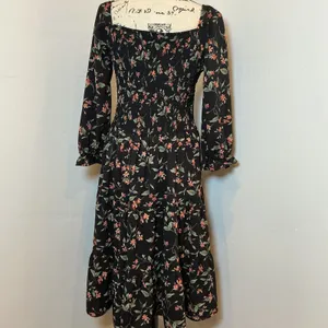 Socialite Floral Smocked Tiered Midi Dress Black Peach Long Sleeve Size M thumbnail 7