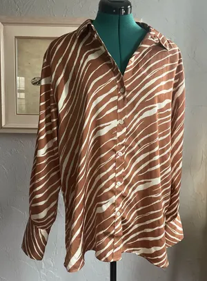 A New Day Brown Cream Animal Print Silky Blouse Button up Top Oversized Dinner thumbnail 1