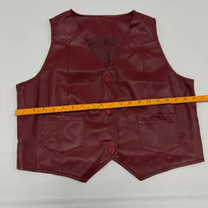 Burgundy Red Faux Leather Vest Button Front V-Neck Waistcoat with Pockets Large thumbnail 5