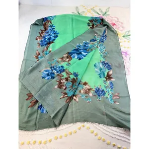 Green Fantasy Scarf Blue Floral Print Viscose‎ Lightweight Wrap Eyelash Fringe thumbnail 2