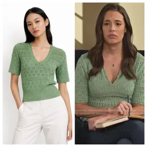 Sandro Paris Joe Pointelle Open Knit Top M Green‎ Cottagecore Soft Girl Romantic thumbnail 2