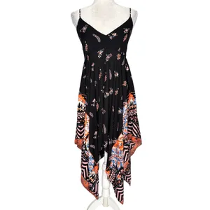 Express Small Black Asymmetrical Spaghetti-Strap Dress Floral Smocked Swing thumbnail 3