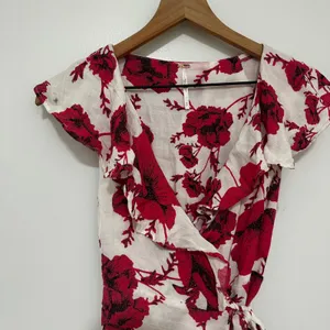 Free People | Women's Red Pink White Floral Ruffle Wrap Mini Dress, Size XS thumbnail 4