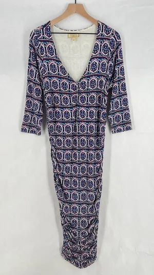 Anthropologie Moulinette Soeurs Medea Ruched Column Dress‎ Womens Large Blue Geo thumbnail 1