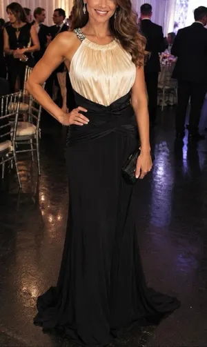 Rickie Freeman Teri Jon 100% Silk Jeweled Halter Black Ivory Formal Gown 6 thumbnail 1