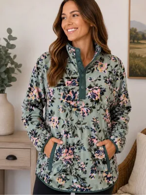 Vera Bradley Floral Fleece Pull Over with Snap Collar Size Medium thumbnail 1