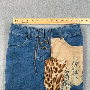 Y2k Patchwork Animal Print Midi Denim Skirt 27 Lace Up Cut Off Made in Italy thumbnail 7
