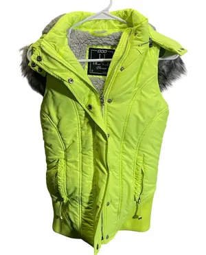 LJ Black Premium Womens Vest S Neon Yellow‎ Faux Fur Hood Winter thumbnail 1