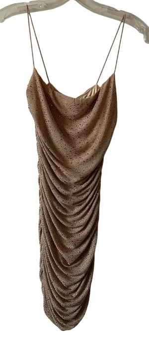 Oh Polly Ruched Rhinestone Mesh Mini Dress size 4 Sleeveless Beige thumbnail 1