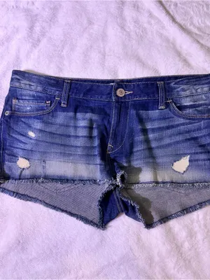 Express Distressed Blue Denim Jean Shorts thumbnail 6