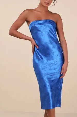 Lulu’s Blue Jacquard Strapless Midi Dress thumbnail 1