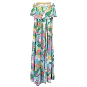 Japna Strapless Flounce Top Summer Maxi Dress Retro Aqua & Pink Print Size Small thumbnail 5