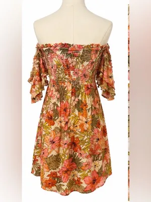 Billabong Coral and Olive Floral Off-the-Shoulder Dress Size Medium thumbnail 2