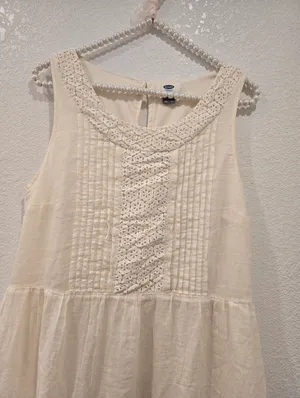 Old Navy Embroidered Swing Dress pintuck Pleats Lace Cream M thumbnail 7