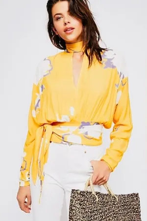 Free People‎ Say You Love Me Yellow Floral Mock Neck Keyhole Wrap Blouse Small thumbnail 1