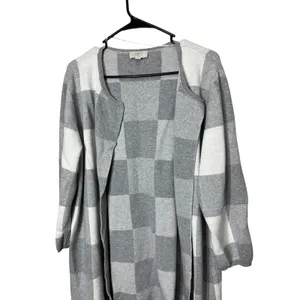 LOFT Outlet XL Gray‎ & White Checkered Long Sleeve Open Front Cardigan thumbnail 2