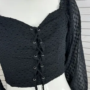 Aeropostale Clip Dot Lace Up Off The‎ Shoulder Crop Top Black Medium Sheer Indie thumbnail 7
