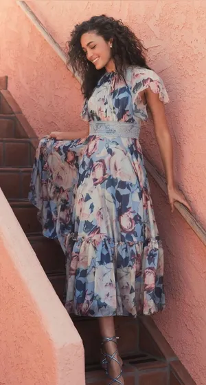 Mac Duggal Size 2 Blue Floral Flutter Lace Trim Midi Dress Gown thumbnail 1