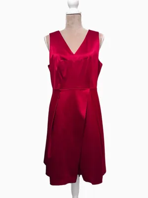 PARIS SUNDAY Red Sateen V Neck Dress Sleeveless Fit Flare Women’s Sz L Cocktail thumbnail 5