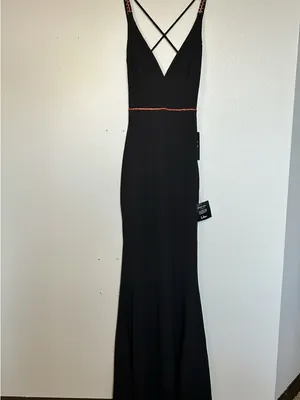 Lulu's Black V-Neck Evening Gown with Subtle Red Trim thumbnail 2