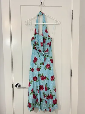 Hell Bunny Vixen 50s Rockabilly Blue Rose Halter Swing Dress thumbnail 7