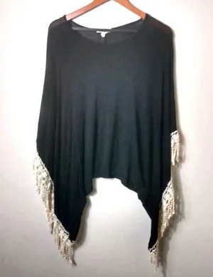 Entro M Black Stretch Poncho Creme Fringe Top thumbnail 1