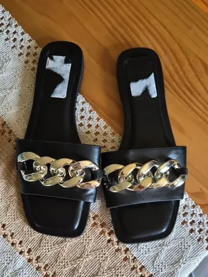 Black Slide Sandals with Gold Chain Accent - Women thumbnail 2