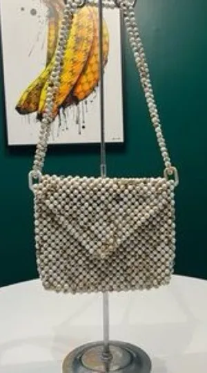 Rachel Ashwell Beaded Marble Beads Bag Purse Shoulder Cream Boho Cream Tan Beach thumbnail 1