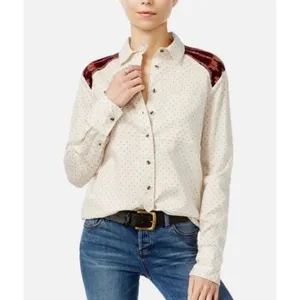 FREE PEOPLE Mixed Media Sage Buttondown Shirt Wool Western Polka Dot‎ Medium thumbnail 4