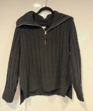 Black Aerie Cable Knit Half-Zip Sweater with‎ Funnel Collar thumbnail 1