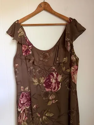 Morell Maxie Floral Column Dress Brown Pink Silk 14 Ruffle Sleeveless Y2K Fairy thumbnail 4