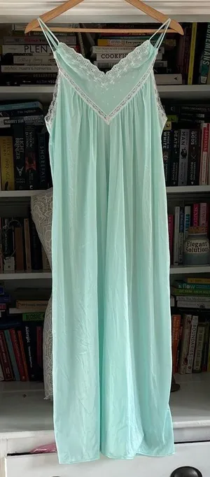 Lace Trim Chemise Nightgown in Light Blue‎ aqua thumbnail 1