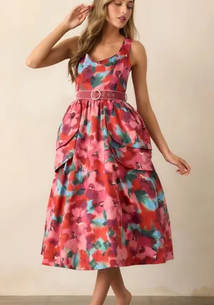 Prosperina Diana Pink Multi Floral Print Cotton Belted Midi Dress thumbnail 1