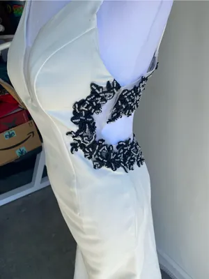 White floor length gown black beaded applique formal prom wedding Halloween thumbnail 6
