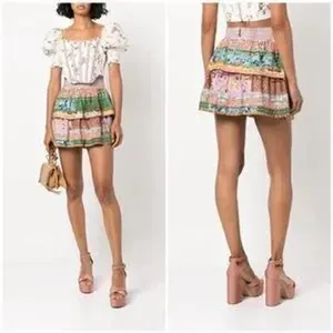 Alice and Olivia Multi Color Tiered Floral Patchwork Mini Skirt Smocked Waist thumbnail 2
