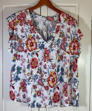 Nicole Miller New York Women 2X Floral Paisley V-Neck Cap Sleeve Rayon Blouse thumbnail 1